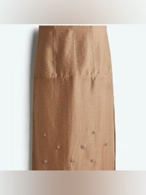 Embellished Satin Pencil Skirt in Camel